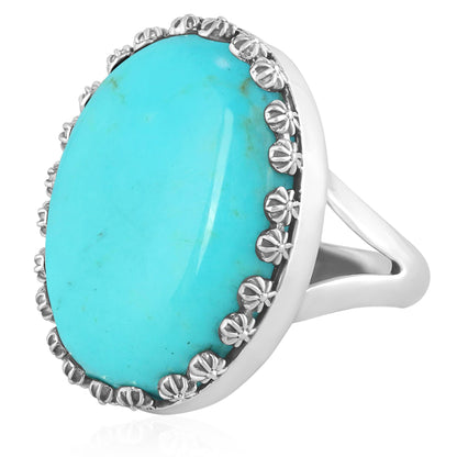 Sterling Silver Kingman Turquoise Concha Flower Border Oval Cut Ring, Sizes 5 to 10