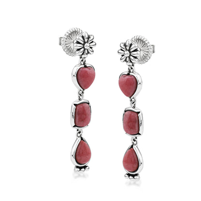 Sterling Silver Rhodonite Gemstone Heart, Rectangle and Pear Concha Post Dangle Earrings 