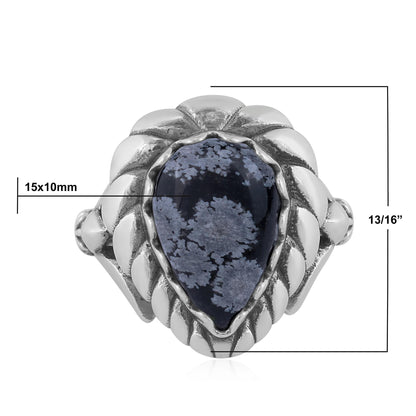 EXCLUSIVELY OURS! Sterling Silver Snowflake Obsidian Pear Cut Rope Ring, Sizes 5 to 11