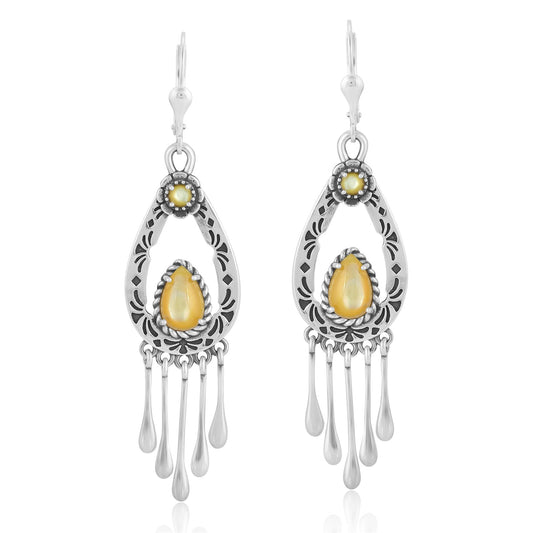Sterling Silver Yellow Mother of Pearl Pear-Cut Lever Back Dangle Earrings
