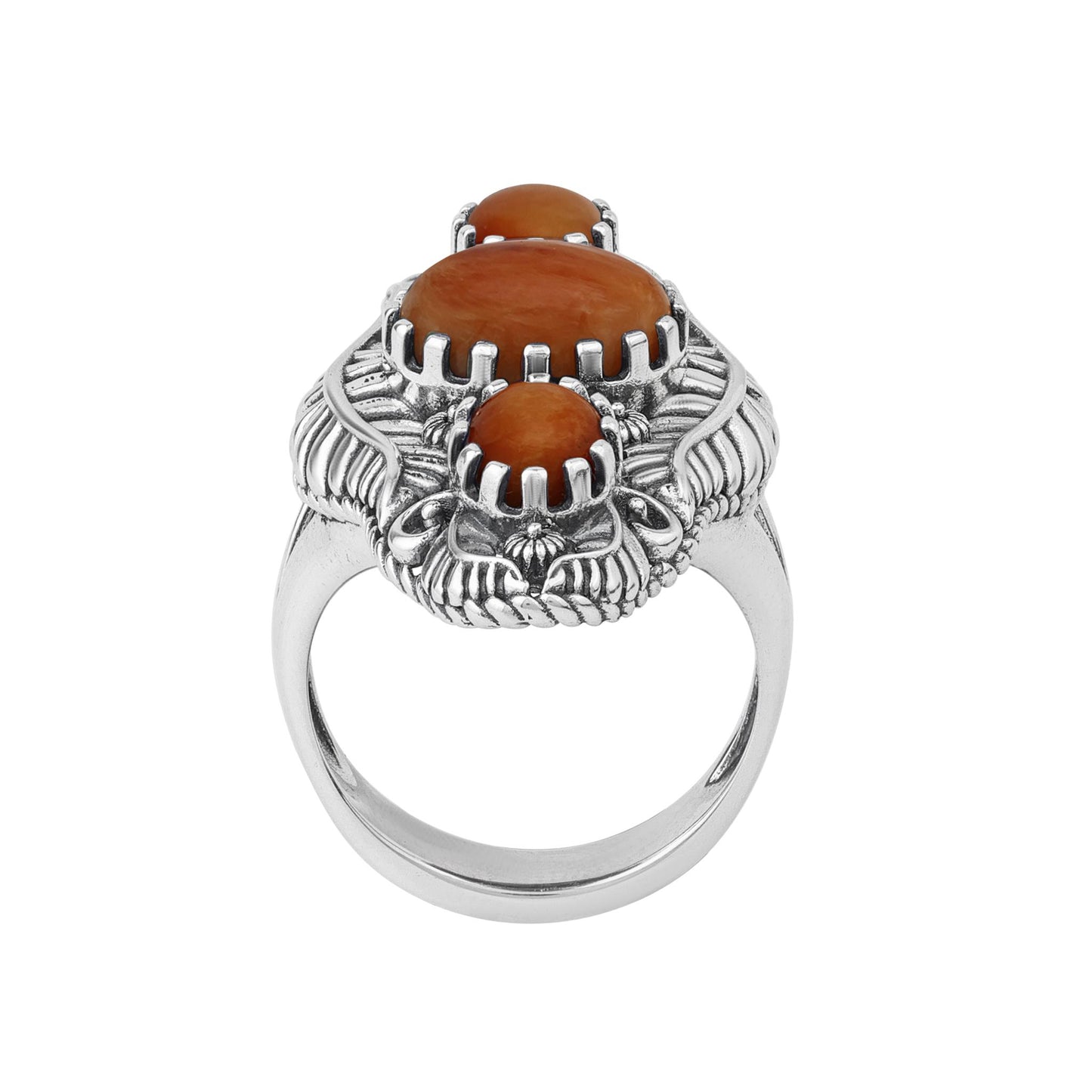 Sterling Silver Orange Spiny Oyster Leaf and Vine Oval Ring
