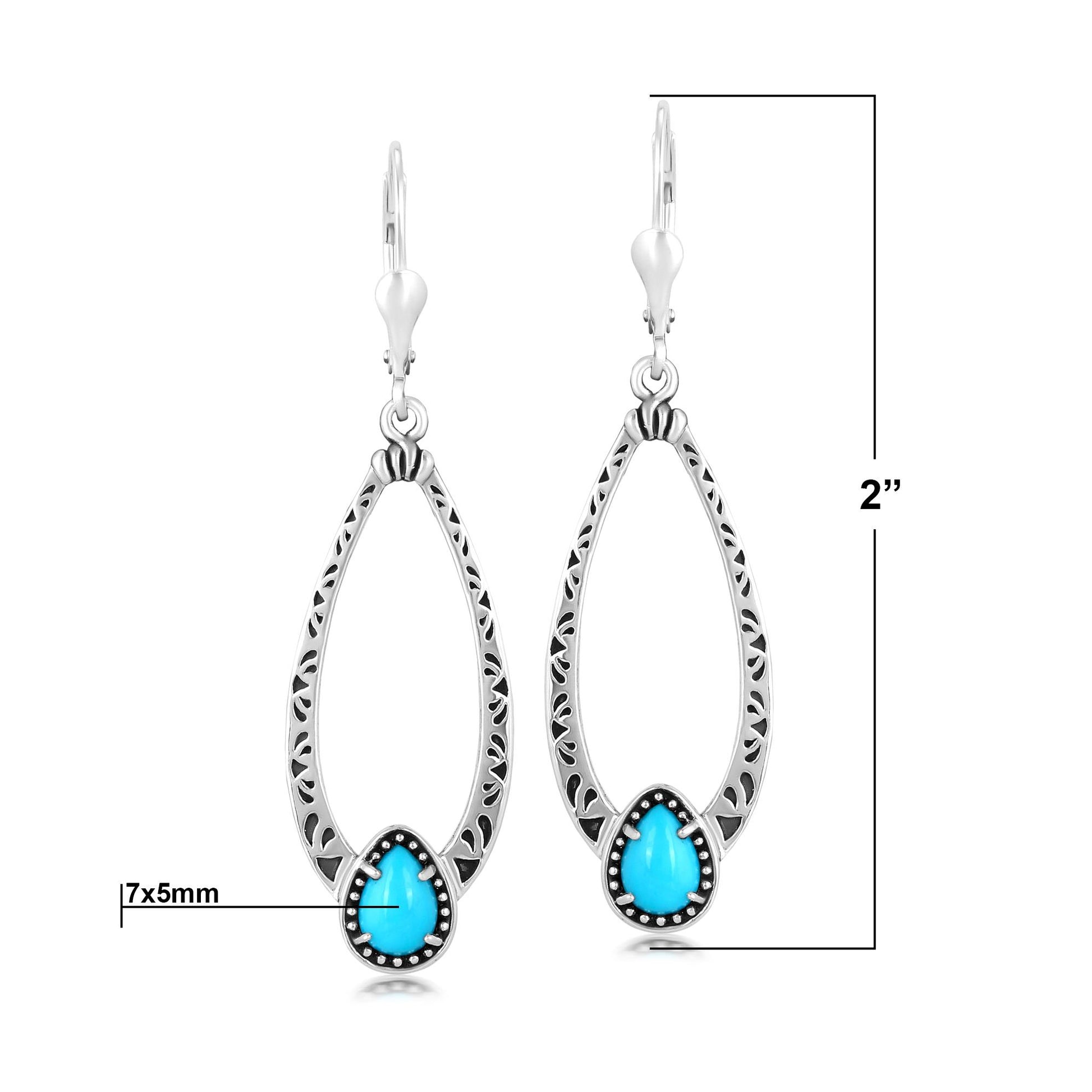 Sterling Silver Turquoise Pear-Cut Long Oval Lever Back Dangle Earrings