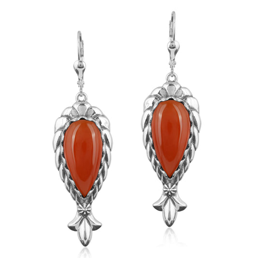 Sterling Silver Red Onyx Pear Cut Rope Squash Blossom Earrings