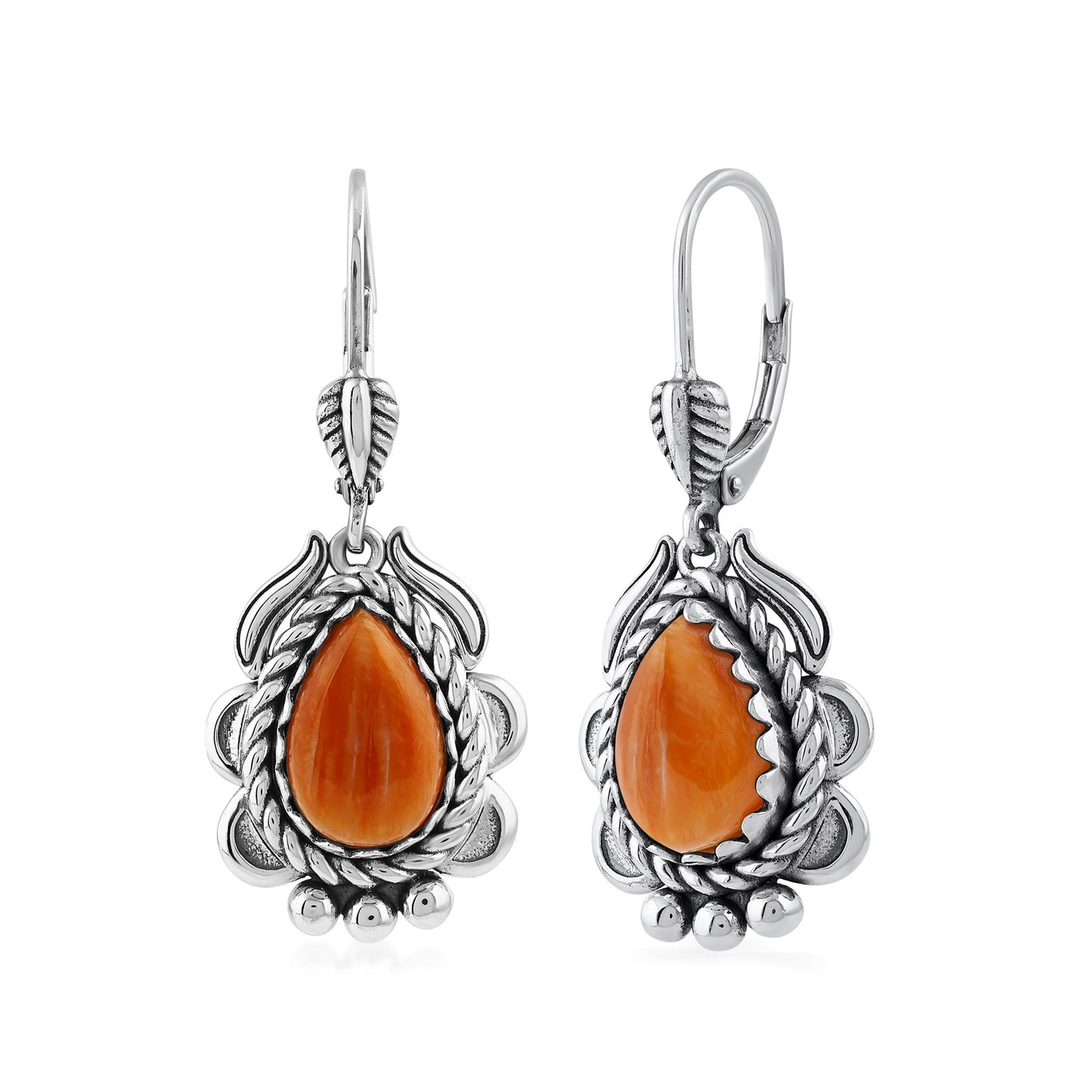 Sterling Silver Orange Spiny Oyster Pear-Cut Rope Design Lever Back Earrings