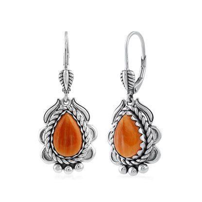 Sterling Silver Orange Spiny Oyster Pear-Cut Rope Design Lever Back Earrings