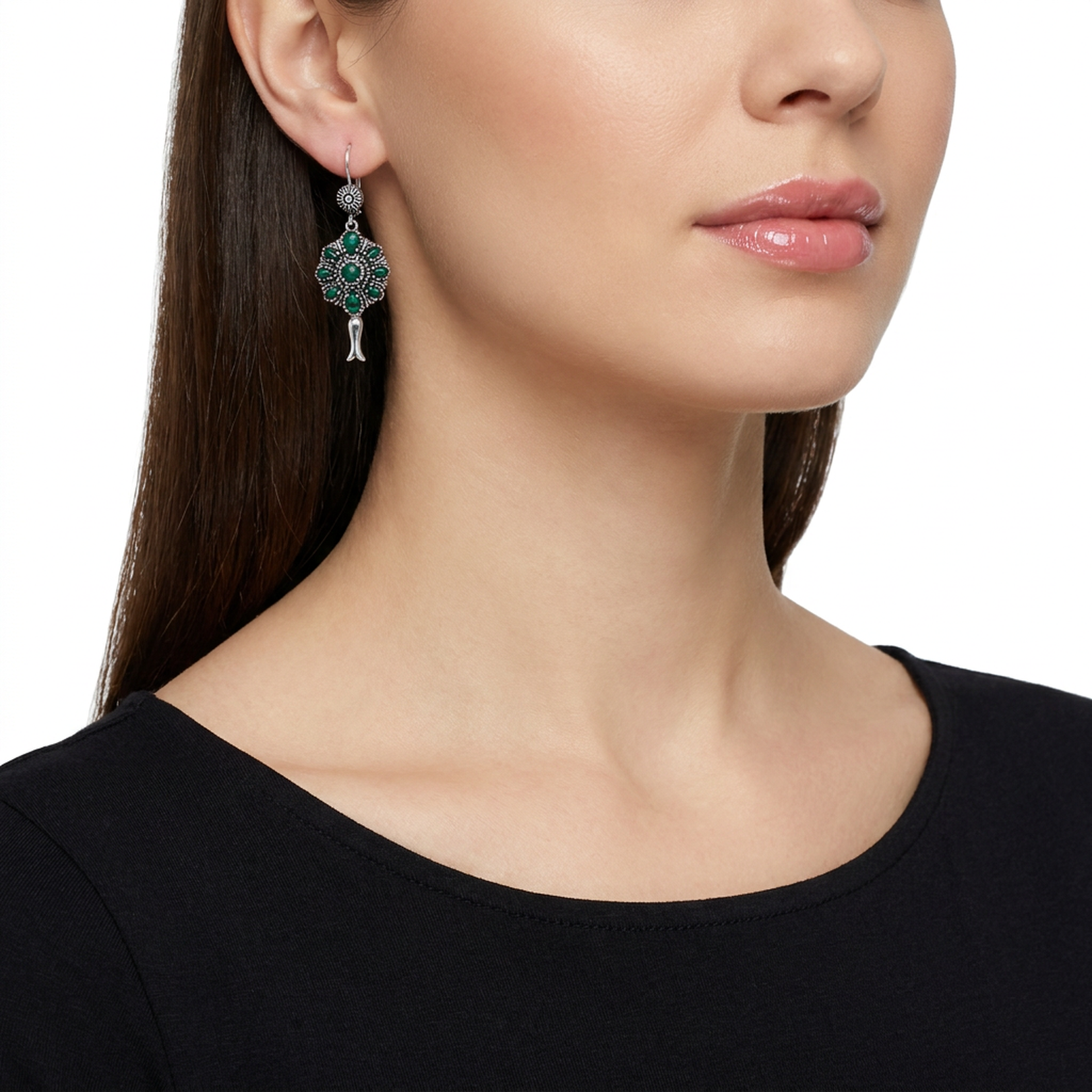  Sterling Silver Malachite Flower Cluster Squash Blossom Earrings