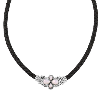  Sterling Silver White Mother of Pearl Pear Cluster Black Leather Necklace 