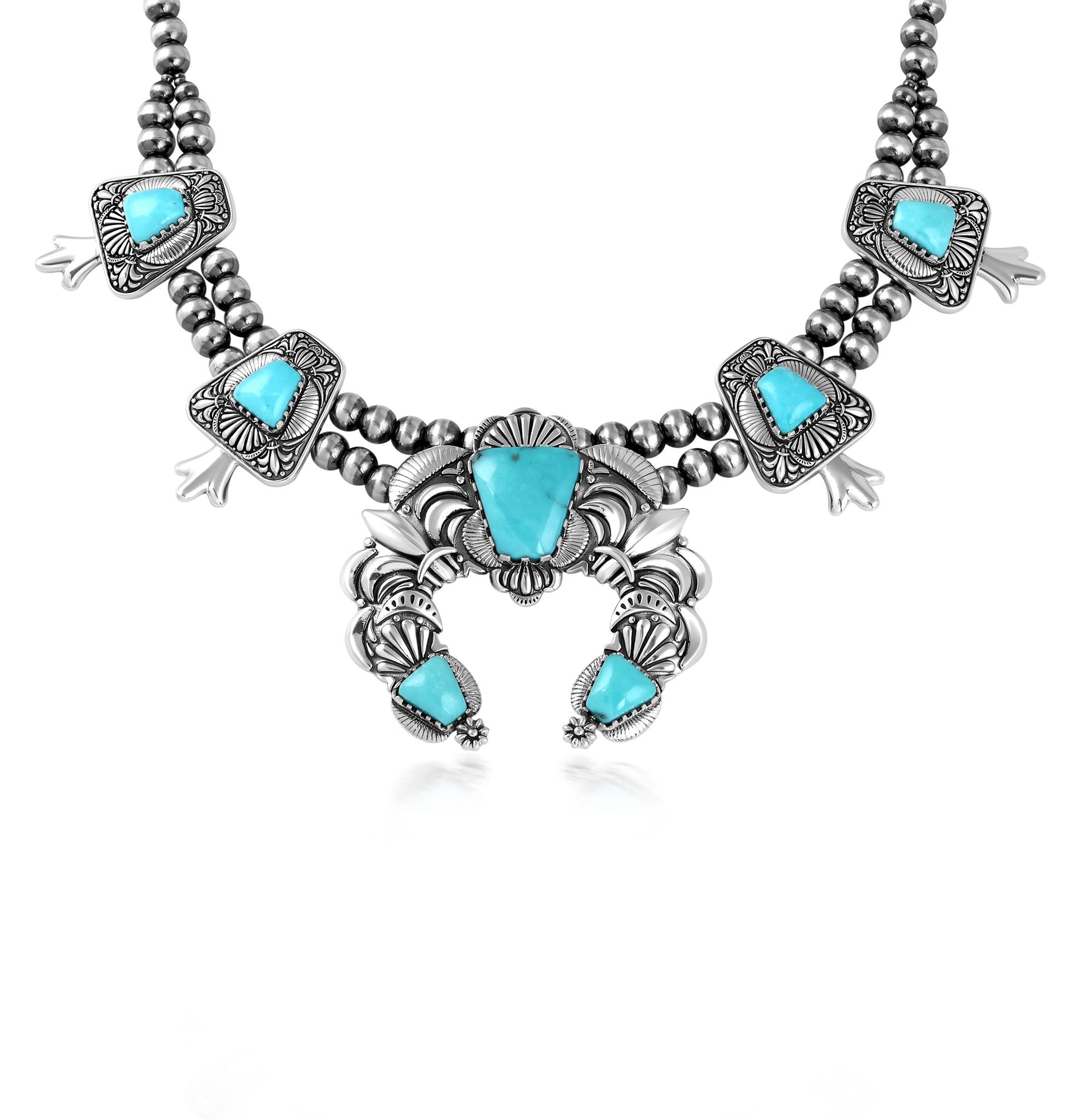 LIMITED EDITION! Sterling Silver Kingman Turquoise Trapezoid Squash Blossom Necklace