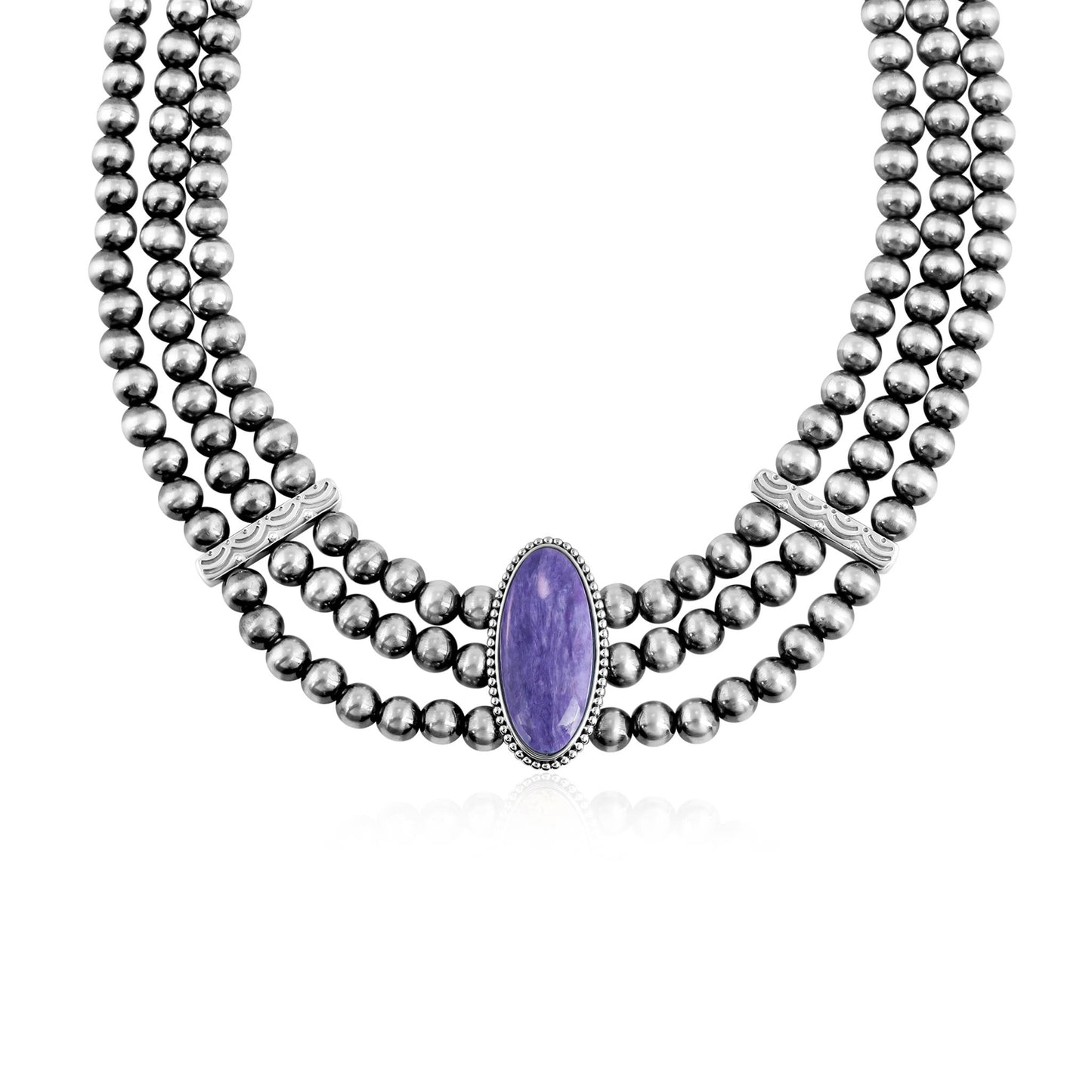 Sterling Silver Charoite Oval Cut Triple-Row Beaded Necklace, 17 to 20 Inches