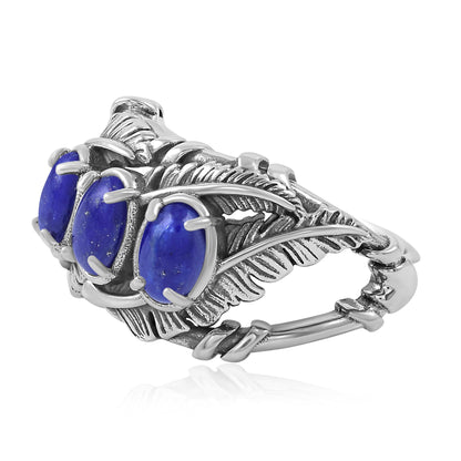 Sterling Silver Lapis Three Stone Feather Ring