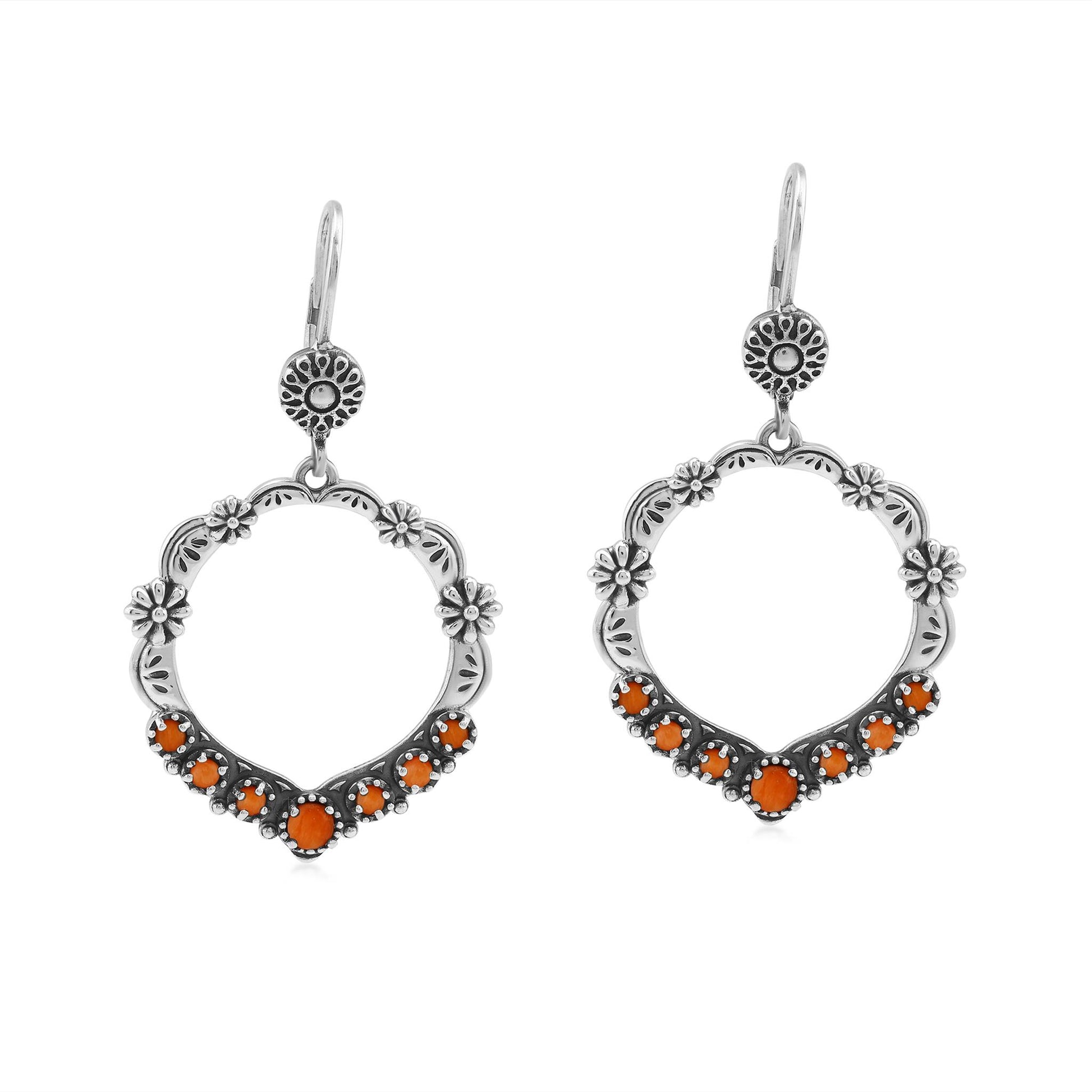 Sterling Silver Orange Spiny Oyster Open Hoop Concha Lever Back Earrings