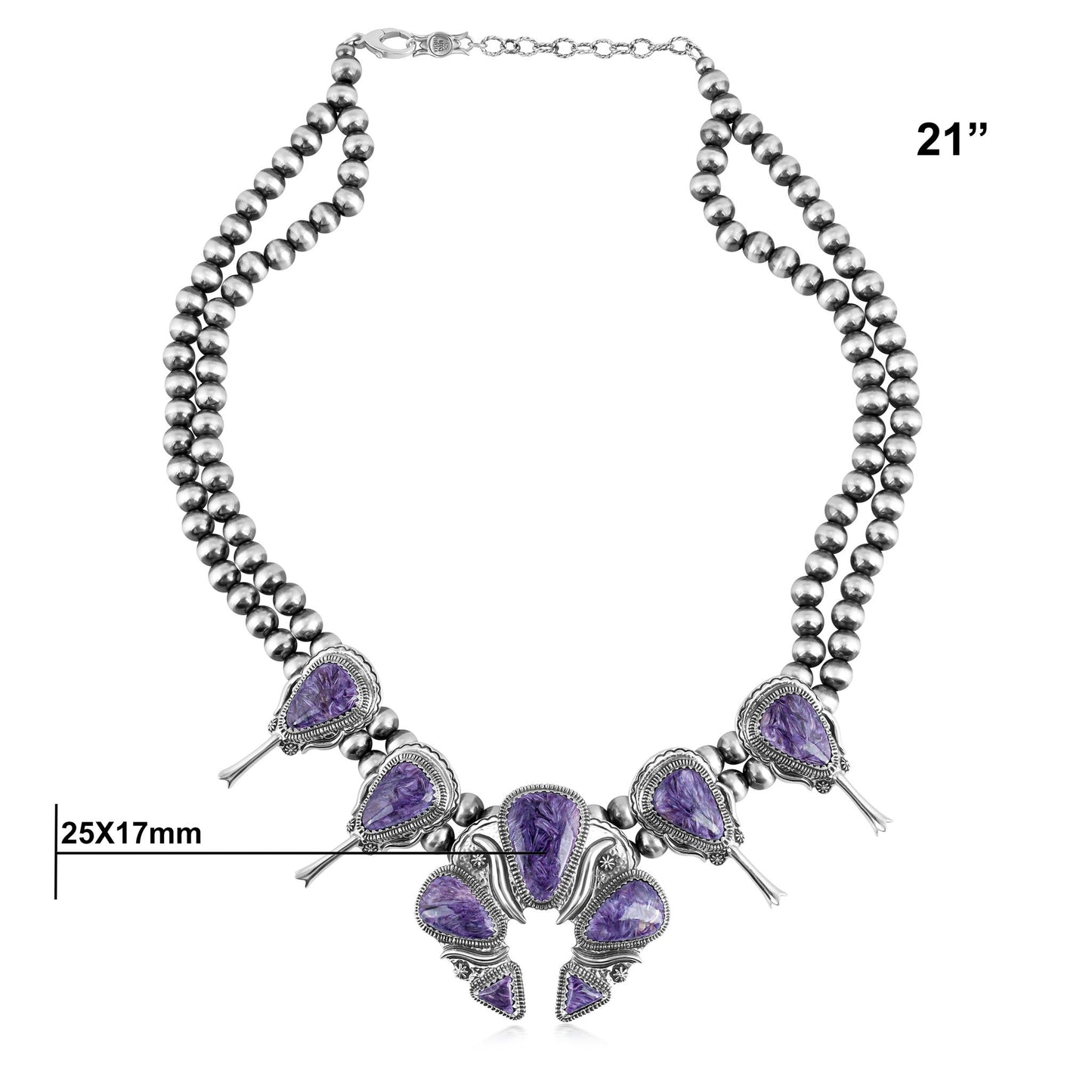 EXCLUSIVELY OURS! Sterling Silver Charoite Large Naja Squash Blossom Necklace, 21 to 24 Inches