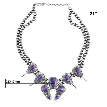 EXCLUSIVELY OURS! Sterling Silver Charoite Large Naja Squash Blossom Necklace, 21 to 24 Inches