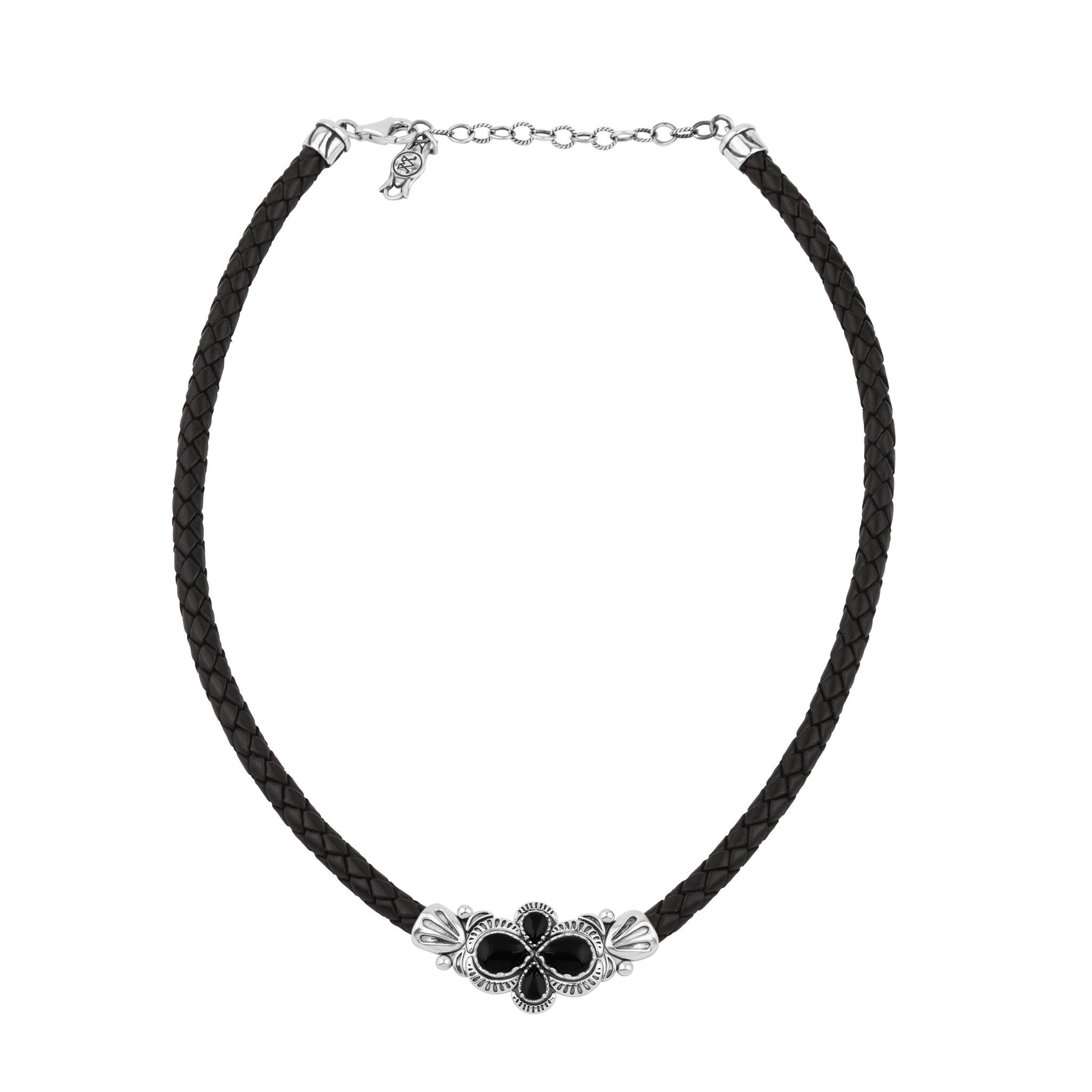  Sterling Silver Black Onyx Pear Cluster Black Leather Necklace 