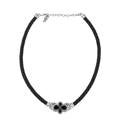  Sterling Silver Black Onyx Pear Cluster Black Leather Necklace 