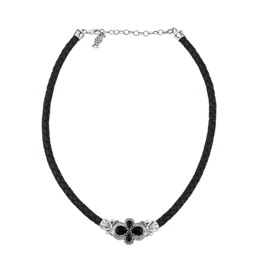  Sterling Silver Black Onyx Pear Cluster Black Leather Necklace 