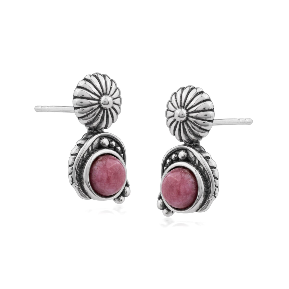 Sterling Silver Rhodonite Leaf and Concha Gemstone Post Earrings
