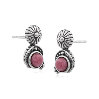 Sterling Silver Rhodonite Leaf and Concha Gemstone Post Earrings