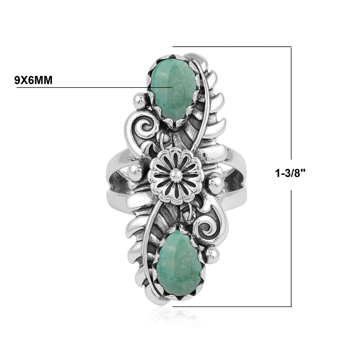 Sterling Silver Green Turquoise Pear-Cut Leaf and Flower Ring