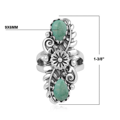 Sterling Silver Green Turquoise Pear-Cut Leaf and Flower Ring