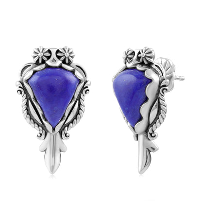 Sterling Silver Lapis Pear Gemstone Squash Blossom Earrings 