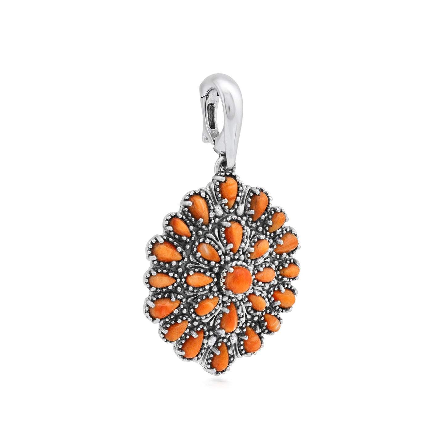 Sterling Silver Orange Spiny Oyster Petit Point Round Pendant Enhancer