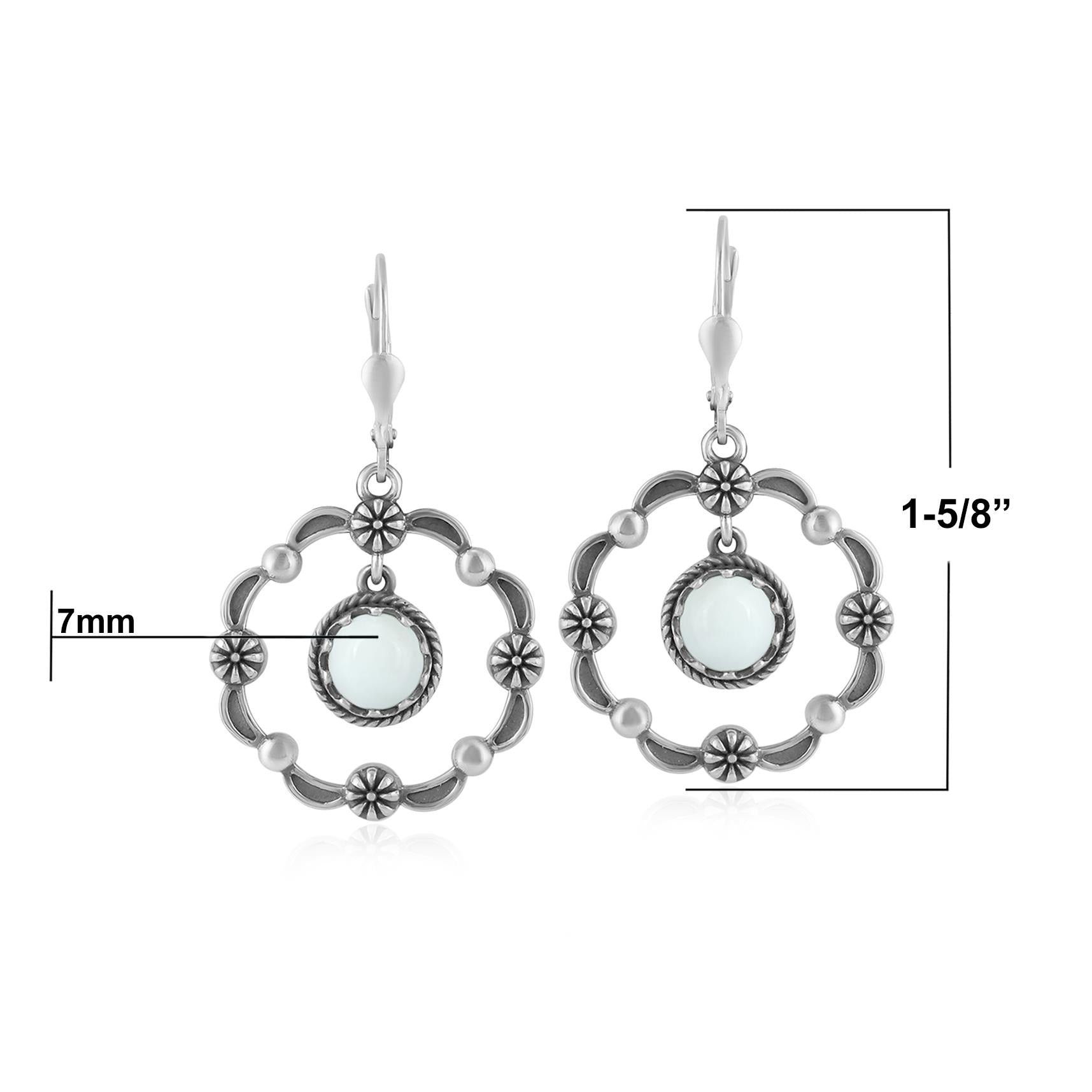 Sterling Silver White Agate Circle Concha Lever Back Earrings