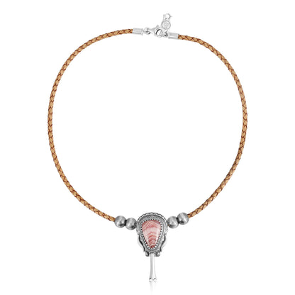 Sterling Silver Rhodochrosite Natural Leather Squash Blossom Necklace