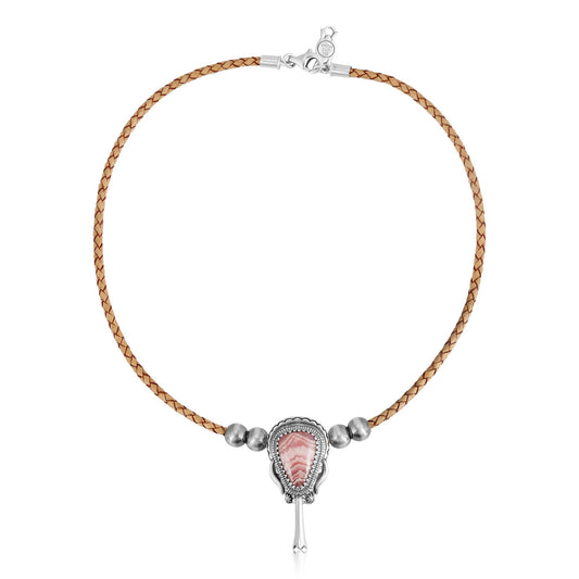 Sterling Silver Rhodochrosite Natural Leather Squash Blossom Necklace