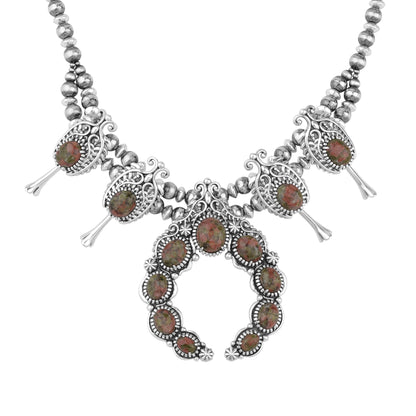 Sterling Silver Unakite Leaf and Vine Squash Blossom Necklace, 18 to 21 Inches