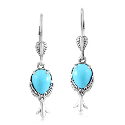 Sterling Silver Kingman Turquoise Pear Squash Blossom Dangle Earrings