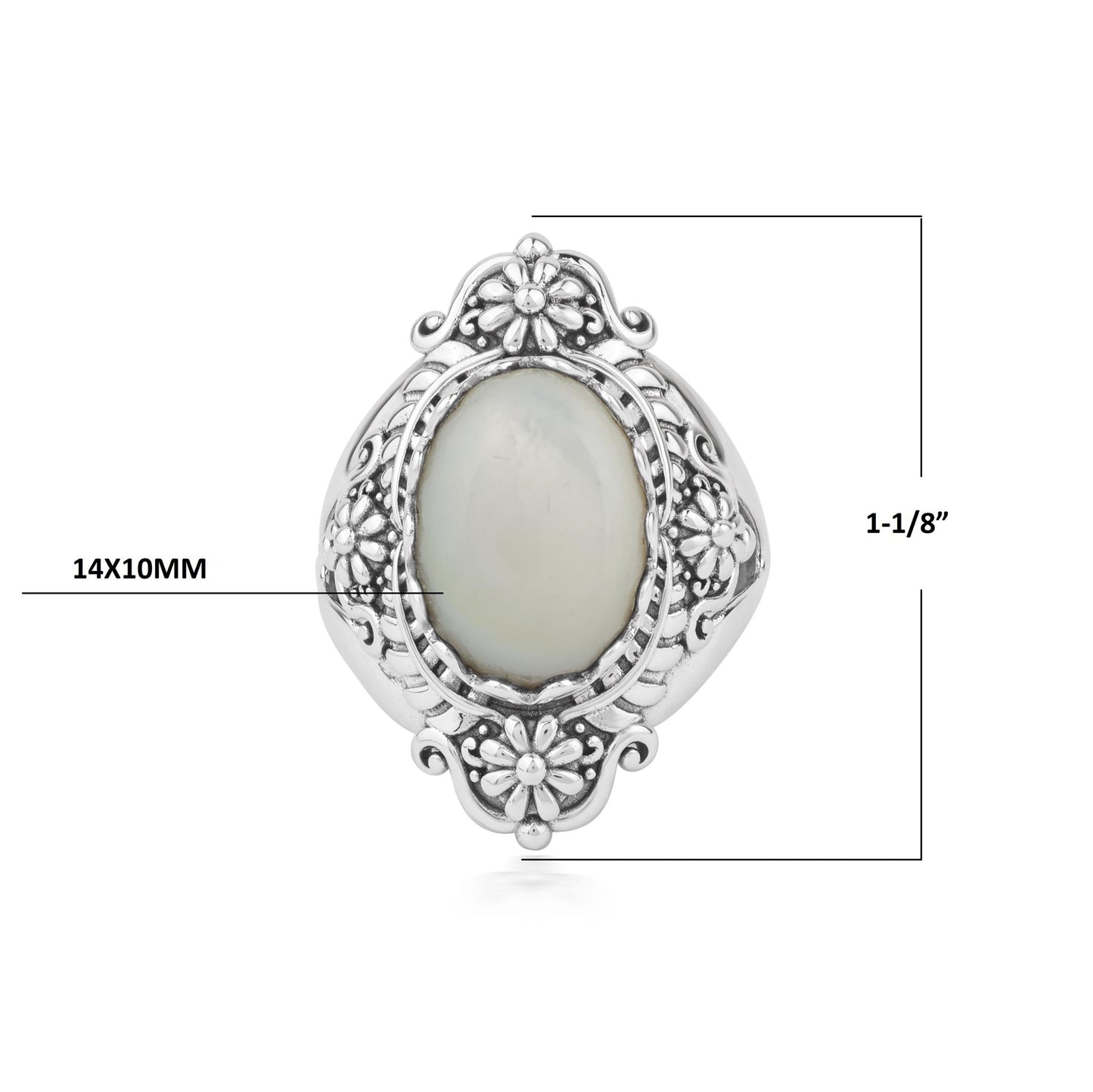  Sterling Silver White Mother of Pearl Oval Scalloped Concha Ring
