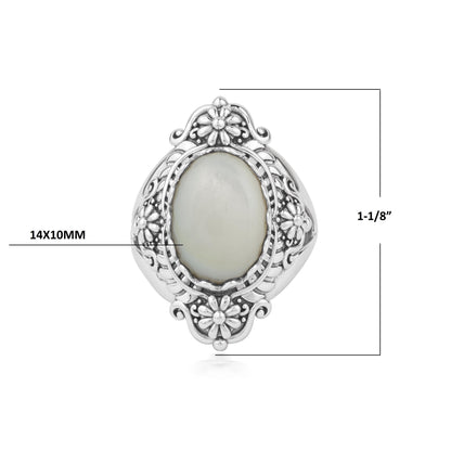  Sterling Silver White Mother of Pearl Oval Scalloped Concha Ring