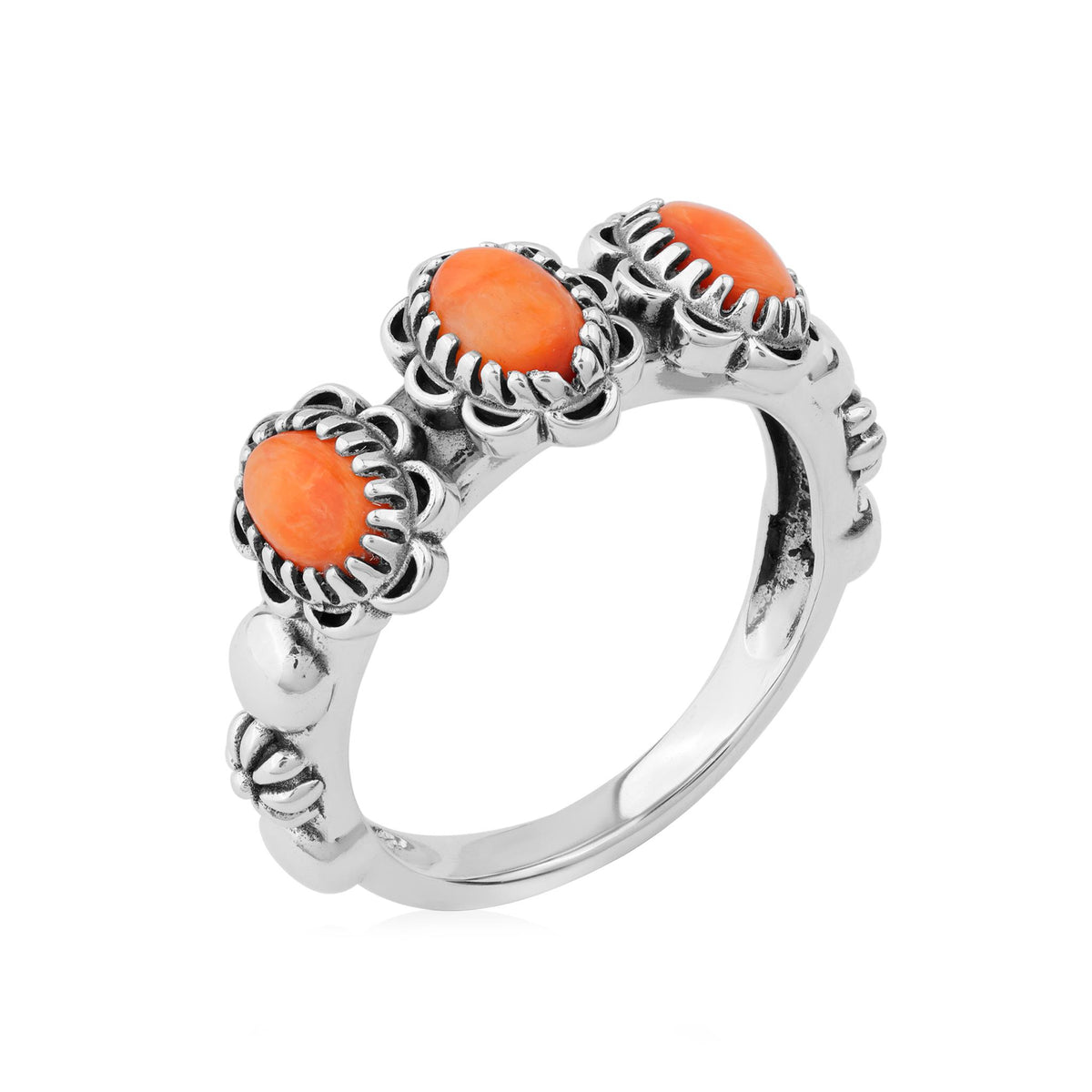 Sterling Silver Orange Spiny Oyster Concha 3 Stone Ring, Sizes 5 to 11