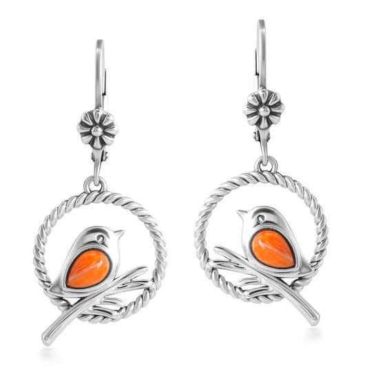 EXCLUSIVELY OURS! Sterling Silver Orange Spiny Oyster Bird and Branch Open Circle Dangle Earrings