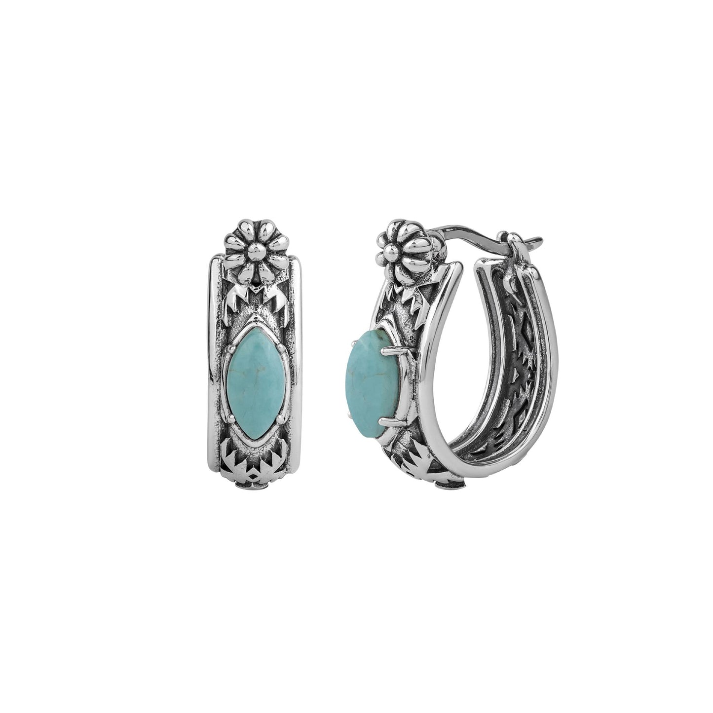 Sterling Silver Green Turquoise Marquise Cut Huggie Hoop Earrings 