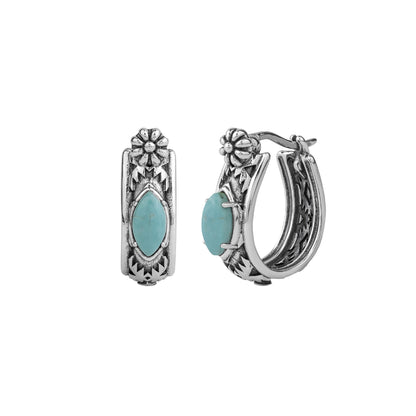 Sterling Silver Green Turquoise Marquise Cut Huggie Hoop Earrings 