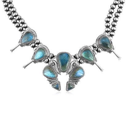 Sterling Silver Labradorite Large Naja Squash Blossom Necklace, 21 to 24 Inches