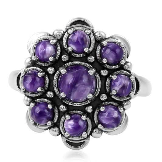Sterling Silver Charoite Round Cut Flower Cluster Ring