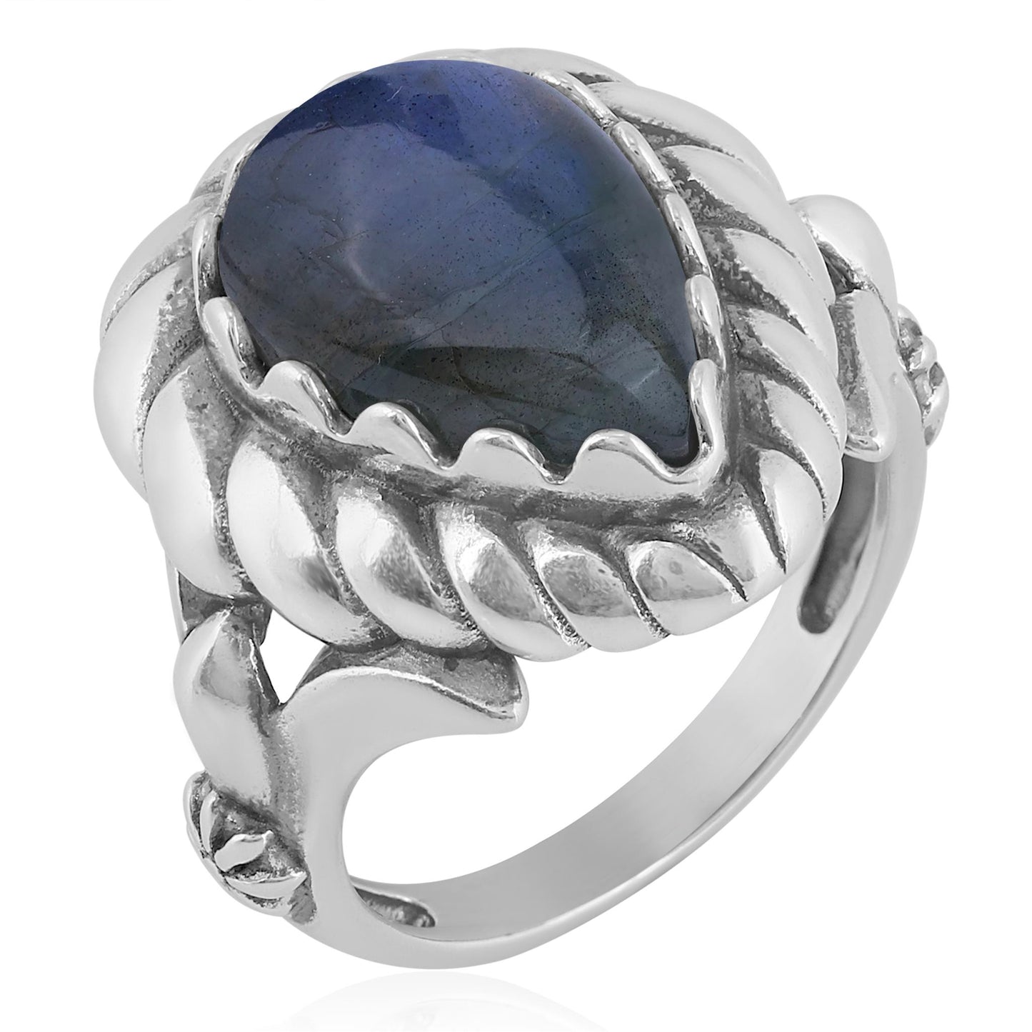 EXCLUSIVELY OURS! Sterling Silver Labradorite Pear Cut Rope Ring, Sizes 5 to 11