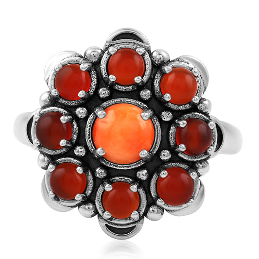 Sterling Silver Orange Spiny Oyster and Red Onyx Round Cut Flower Cluster Ring