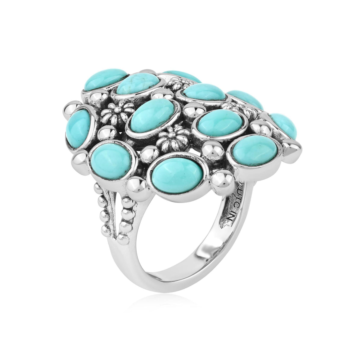 Sterling Silver Kingman Turquoise Oval 12-Stone Cluster Ring