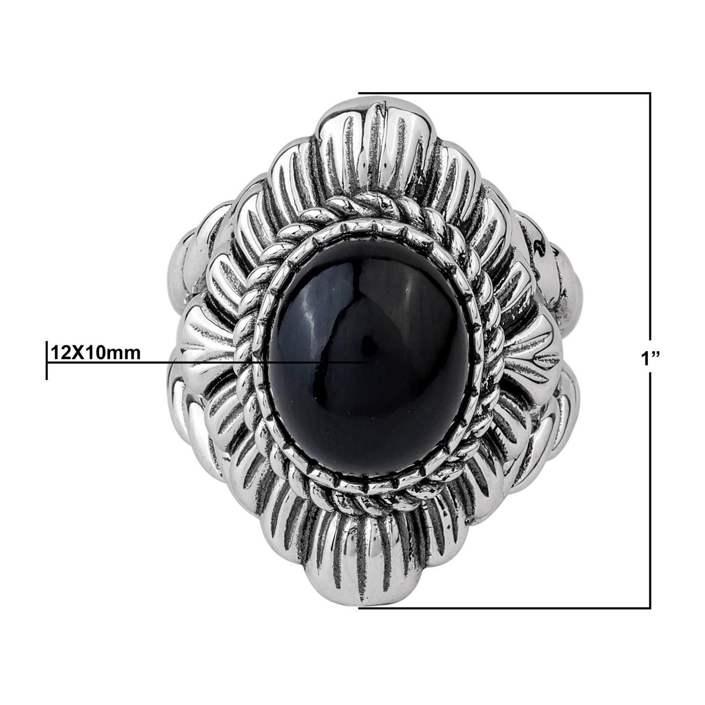 Sterling Silver Black Agate Oval-Cut Rope Scallop Design Ring