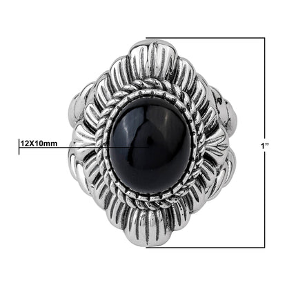 Sterling Silver Black Agate Oval-Cut Rope Scallop Design Ring