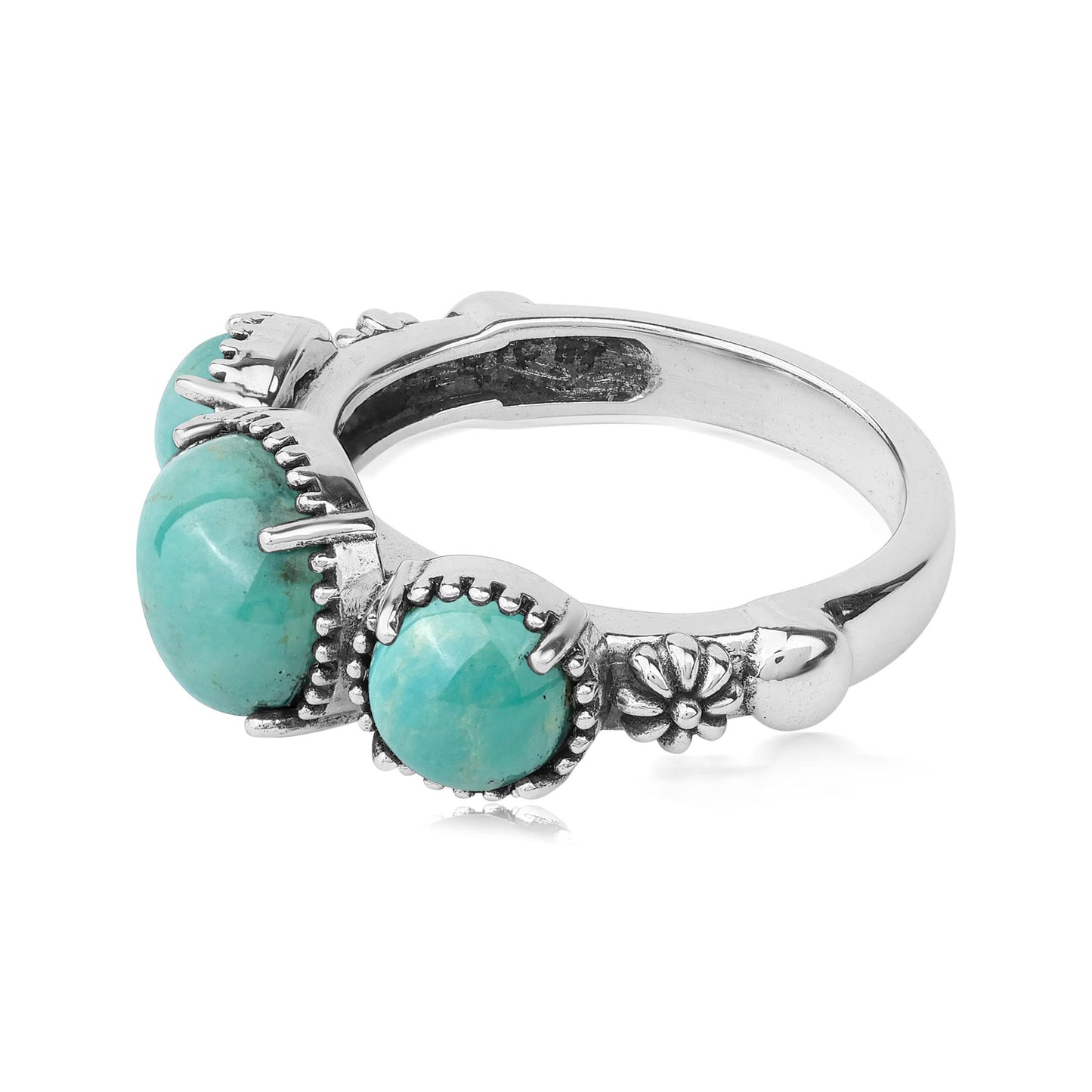 Sterling Silver Green Turquoise Oval 3 Stone Concha and Bead Ring