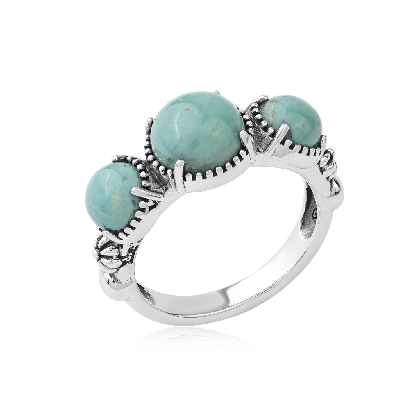 Sterling Silver Green Turquoise Oval 3 Stone Concha and Bead Ring