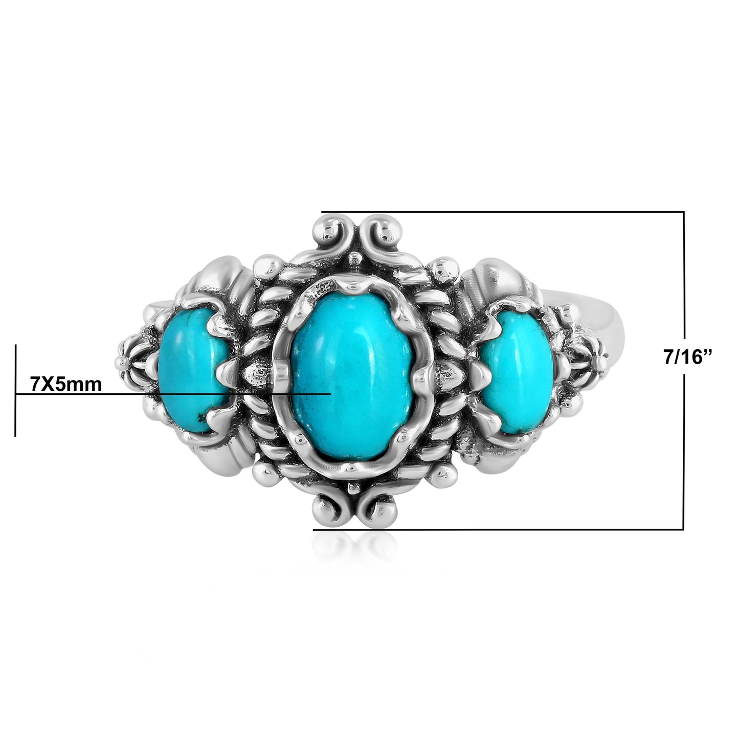 Sterling Silver Sleeping Beauty Turquoise 3-Stone Oval Scalloped Bezel Ring, Sizes 5 to 10