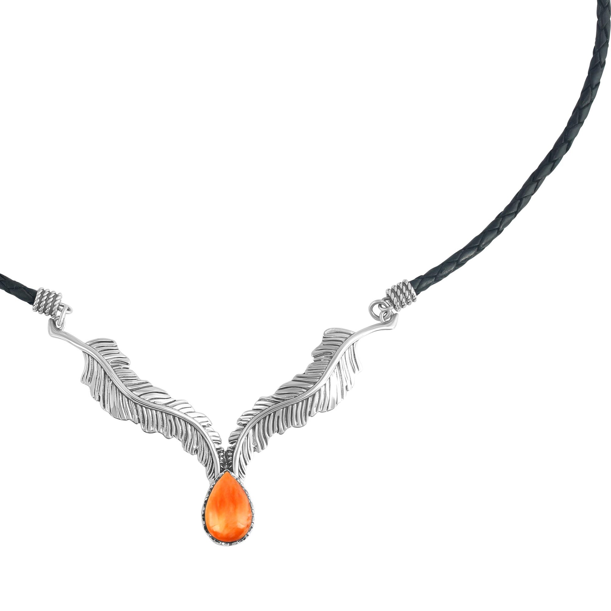 Sterling Silver Orange Spiny Oyster Black Leather Feather Design Necklace