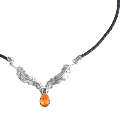Sterling Silver Orange Spiny Oyster Black Leather Feather Design Necklace