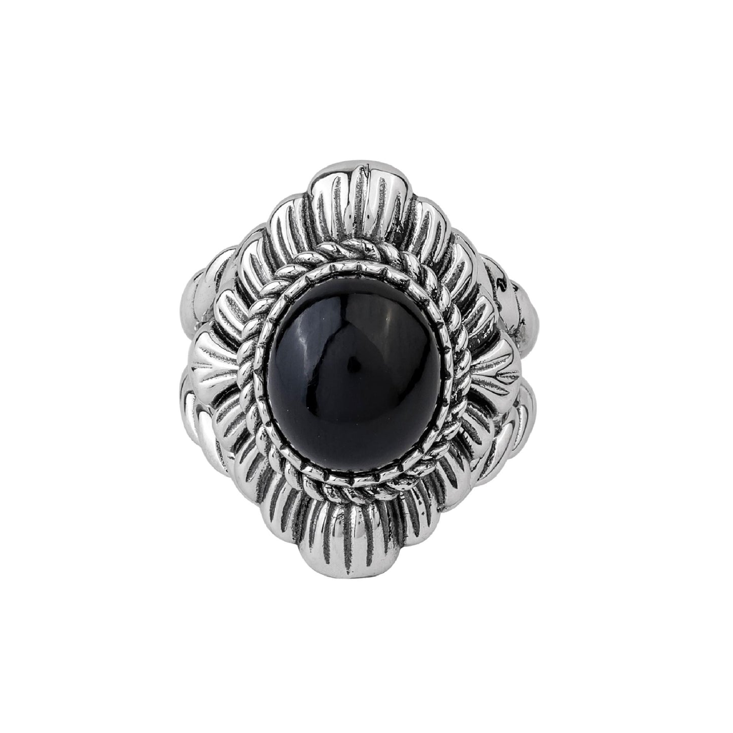 Sterling Silver Black Agate Oval-Cut Rope Scallop Design Ring